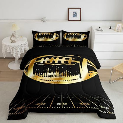 Erosebridal Black and Gold Soccer Bedding Sets Queen Kids Football Comforter for Boys Bedroom Sport Quilted Duvet Ball Gamer Bedding Comforter Sets for Teen Men Ultra Soft All-Season Quilt Set 3pcs