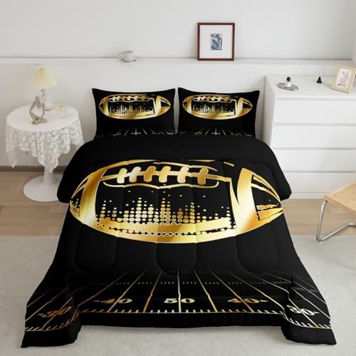 Erosebridal Black and Golden Football Comforter Set Twin for Boys Kids Teen Sports Bedding Soccer Duvet Insert Ball Gaming Quilt Comforter Rugby Football Field Comforter 2 Piece with 1 Pillowcase