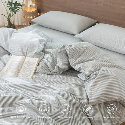 MooMee Striped Duvet Cover Set 100% Washed Cotton Linen Like Cal King
