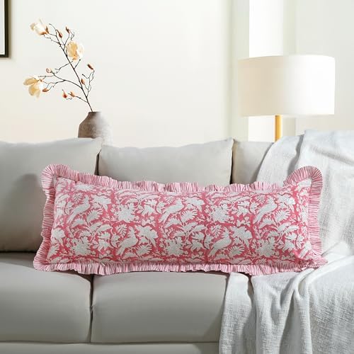 CPC Block Print Pink Coral Ruffle Cotton Lumbar Pillow Cover 14x36 inch