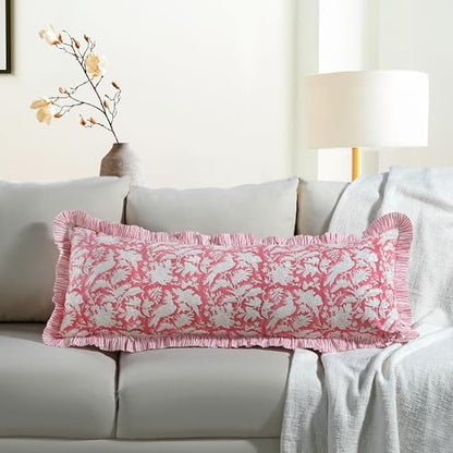 CPC Block Print Pink Coral Ruffle Cotton Lumbar Pillow Cover 14x36 inch