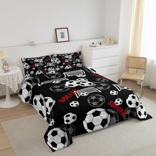 Teens Black White Soccer Comforter Set Queen Size,Football Gate Bedding Set for Kids Boys Girls Bedroom Decoration,Ball Games Bed Duvet Insert,Soccer Sketches Comforter with 2 Pillowcases