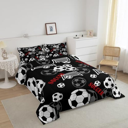Teens Black White Soccer Comforter Set Queen Size,Football Gate Bedding Set for Kids Boys Girls Bedroom Decoration,Ball Games Bed Duvet Insert,Soccer Sketches Comforter with 2 Pillowcases