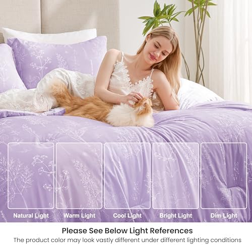Love's cabin Lavender Comforter Set Queen - Queen Size Comforter Set, 3 Pieces Cute Floral Bedding Sets for All Seasons,1 Soft Reversible Botanical Flowers Comforter and 2 Pillow Shams