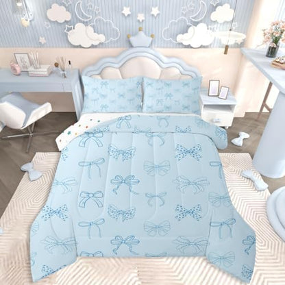 jejeloiu Bow Comforter Set All Season Bowknot Bedding Set with 2 Pillow Cases Bow Tie Microfiber Kids Queen Bedclothes Dreamy Princess Style Bedroom Decor Duvet Quilt Breathable Soft Lightweight