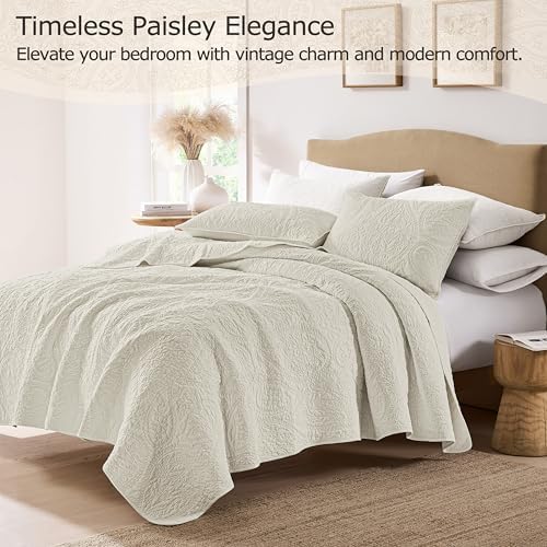 palassio Beige Paisley 100% Cotton Quilt King Size Bedding Sets with 2 Pillow Shams, Boho Floral Lightweight Farmhouse Country Vintage Soft Bedspread Shabby Chic Coverlet for All Season, 3 Pieces