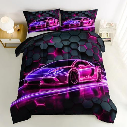 HOSIMA Race Car Gaming Queen Bedding Sets for Boys with 2 Pillowcases.