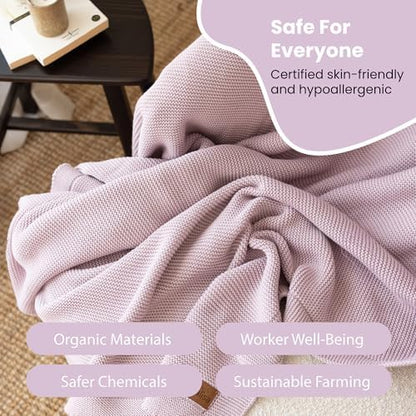 Dalisa 100% Organic Turkish Cotton Throw Blanket - GOTS Certified, Cozy - Perfect for Couch, Bed, and Home Decor - Boho Vintage Knit Alina (Lavender Frost, 60x80)