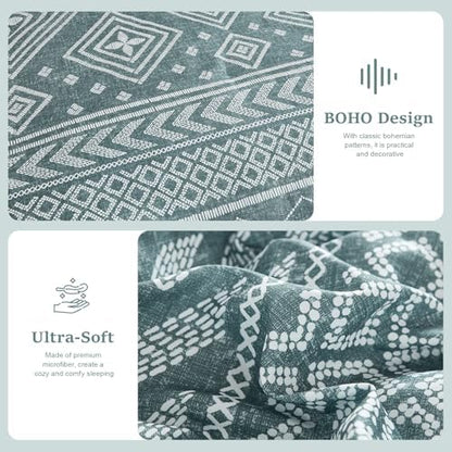 Yiran Boho Aztec Comforter Set Queen Size, Grayish Blue Comforter Bedding Set, 7 Piece Bed in a Bag, Soft Microfiber Bohemian Striped Complete Bedding Set with Sheets for All Season