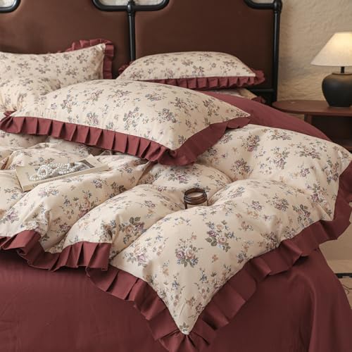 VM VOUGEMARKET Red Ruffle Duvet Cover Twin,Vintage Rose Flower Bedding Set with Zipper Ties 100% Cotton Romantic Lace Comforter Cover for Teen Girls