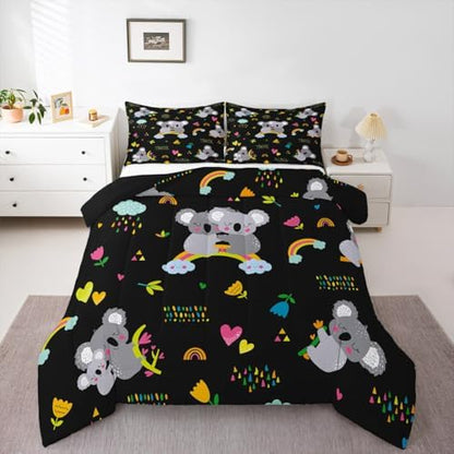 Erosebridal Koala Comforter Set, Kids Rainbow Bedding Set Full Size Flower Love Heart Duvet Sets for Girls Boys Children Cute Animal Cartoon Down Comforter 3 Pieces with 2 Pillow Cases, Black