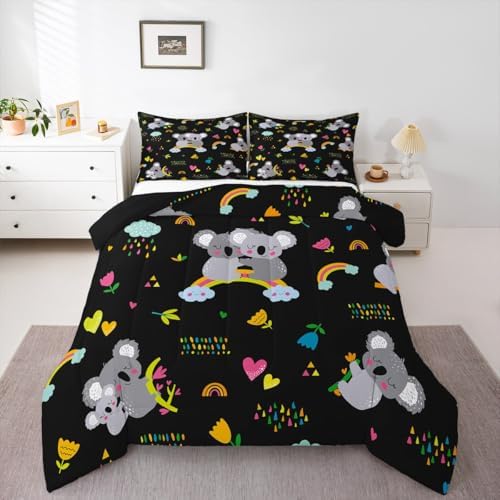 Erosebridal Koala Comforter Set, Kids Rainbow Bedding Set Twin Size Flower Love Heart Duvet Sets for Girls Boys Children Cute Animal Cartoon Down Comforter 2 Pieces with 1 Pillow Case, Black