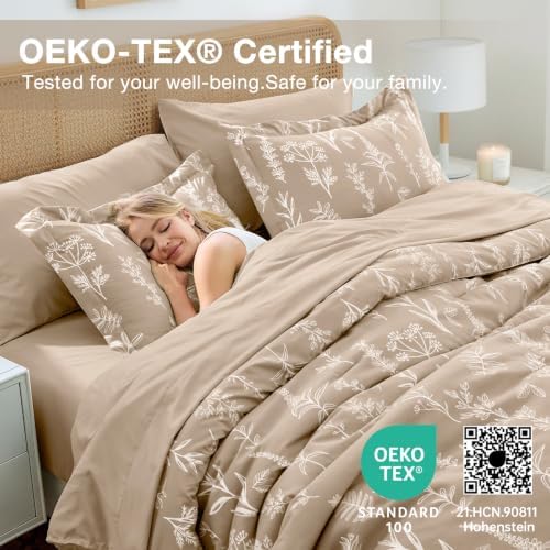 MUXHOMO Taupe Bed in a Bag Queen 7 Pieces, Queen Comforter Set Reversible Botanical Flowers Design, Ultra Soft & Breathable Bedding Sets with Comforter, Sheets, Pillowcases & Shams