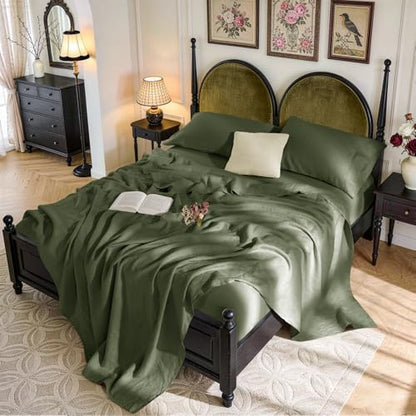 SONORO KATE 100% French Linen Queen Size Sheets Set,Natural Flax Bedding