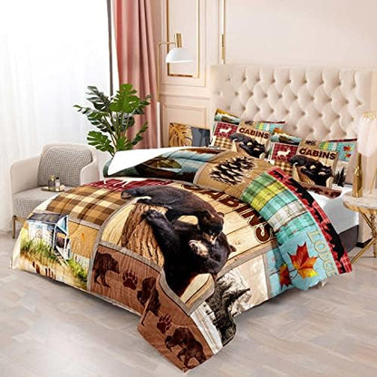 LUVIVIHOME 3PCS Rustic Cabin Comforter Set Full Size, Bear Bedding Sets, Elk Deer Forest Woodland Animals Wildlife Hunting Country Farmhouse Red Buffalo Plaid Lodge Patchwork Quilt, 2 Pillow Shams