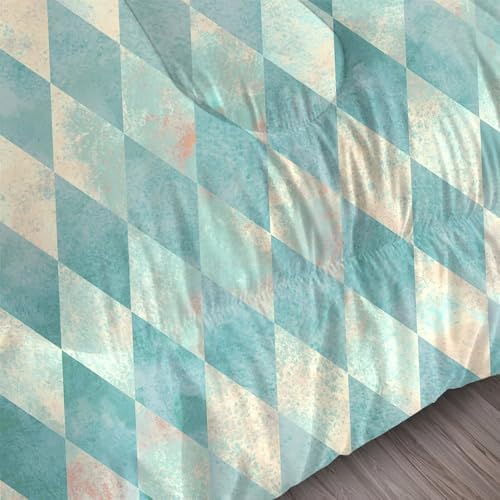 Teal Geometric Bedding Set for Kids Twin Checkered Comforter Set for Girls Bedroom Rhombus Quilt Bed Set 1 Comforter 1 Pillowcase