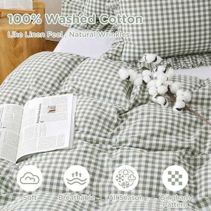 ATsense Green Gingham Ruffle Duvet Cover Set Cotton Like Linen, Twin