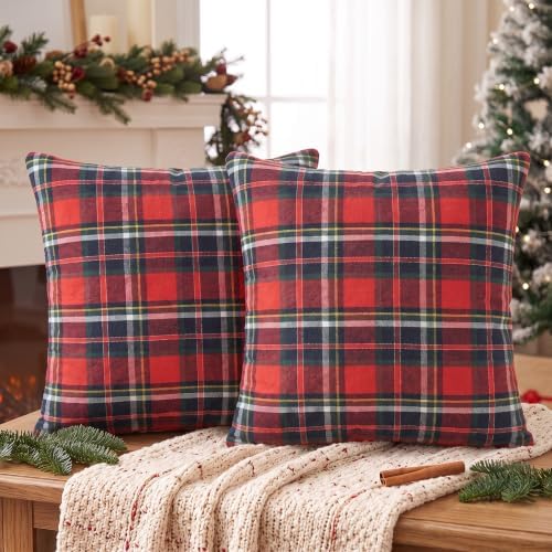 AVOIN colorlife Christmas Dark Blue Red Plaid Decorative Throw Pillow Covers, 18 x 18 Inch Holiday Scottish Tartan Cushion Case Farmhouse Decoration for Sofa Couch Set of 2