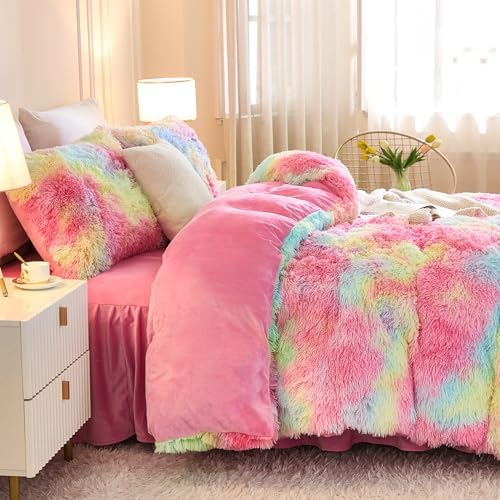 Andency Tie-Dyed Rainbow King Size Comforter Set, Fluffy Faux Fur Bed Set