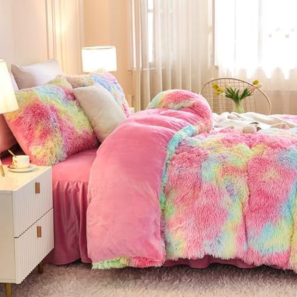 Andency Tie-Dyed Rainbow Queen Comforter Set, Fluffy Faux Fur Bedding Set