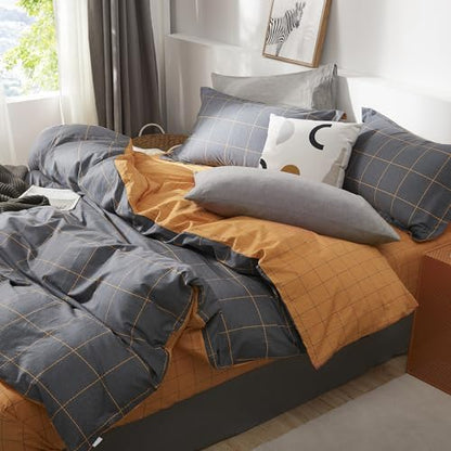 SAPHREAS Black Orange Plaid Duvet Cover Set 3pcs Full Size 100% Cotton Dark Gray Grid Geometric Bedding Comforter Cover Set 1 Duvet Cover 2 Pillow Shams