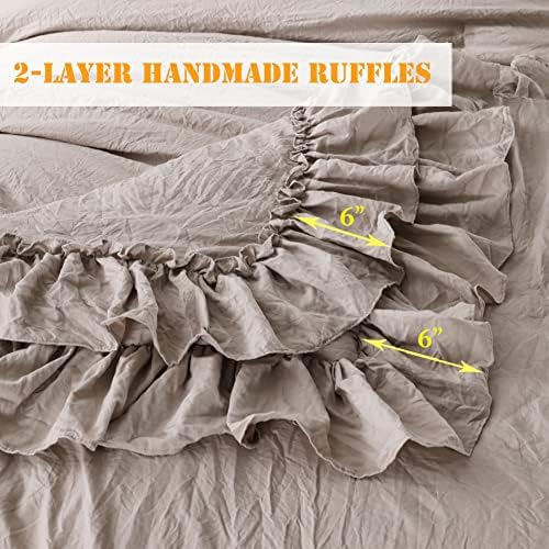 Masaca Twin Bedding Comforter Set with Ruffles,Shabby Boho Chic Taupe Farmhouse Comforter 3 Pieces (1 Kids Ruffled Comforter+2 Pillowcases) Ultra Soft Vintage French Country Bedding Sets
