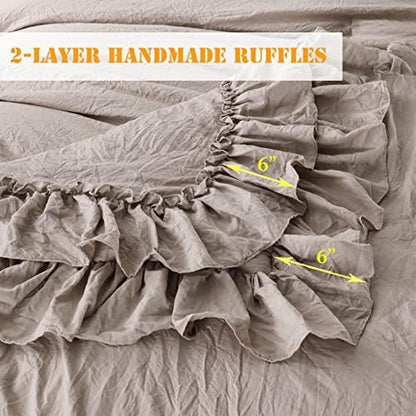 Masaca Twin Bedding Comforter Set with Ruffles,Shabby Boho Chic Taupe Farmhouse Comforter 3 Pieces (1 Kids Ruffled Comforter+2 Pillowcases) Ultra Soft Vintage French Country Bedding Sets