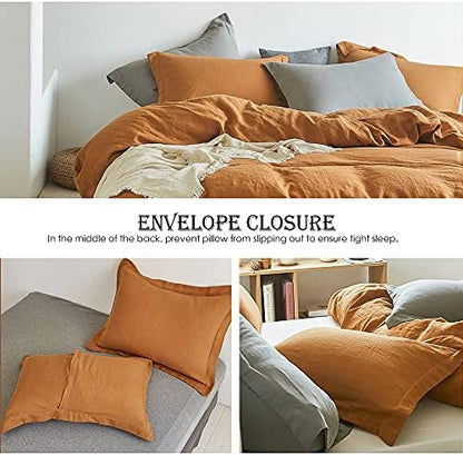 Simple&Opulence 100% Linen Duvet Cover Set 3pcs Basic Style Natural French Washed Flax Solid Color Soft Breathable Farmhouse Bedding with Button Closure - Rust, King