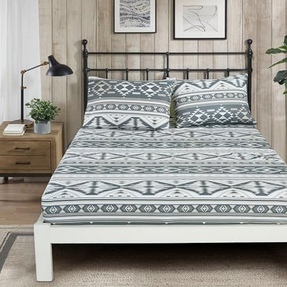 Chezmoi Collection 4-Piece Southwestern Geometric Motif Sheet Set California King Size - Multicolor Gray White Light Brown Printed Brushed Microfiber Lightweight Breathable Deep Pocket Bed Sheets