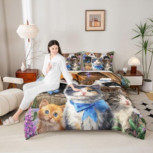 Cat Queen Comforter Set for Boys Girls Kids Kawaii Bedding Cute Animal Pet Kitten Comforter Lovely Kitten Puppy Down Comforter Cartoon Kawaii Dog Animal Design Toddler Bedroom Collection 3Pcs