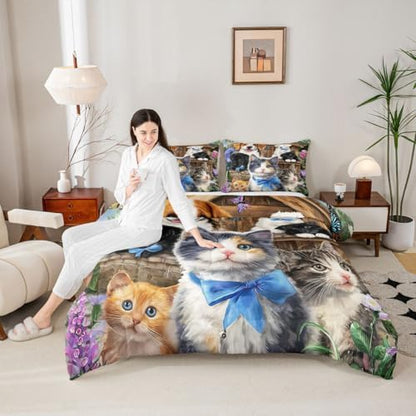 Cat Queen Comforter Set for Boys Girls Kids Kawaii Bedding Cute Animal Pet Kitten Comforter Lovely Kitten Puppy Down Comforter Cartoon Kawaii Dog Animal Design Toddler Bedroom Collection 3Pcs