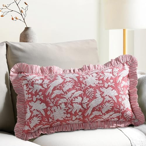 CPC Block Print Pink Coral Ruffle Cotton Lumbar Pillow Cover 12x20 inch