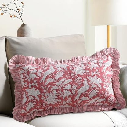CPC Block Print Pink Coral Ruffle Cotton Lumbar Pillow Cover 12x20 inch