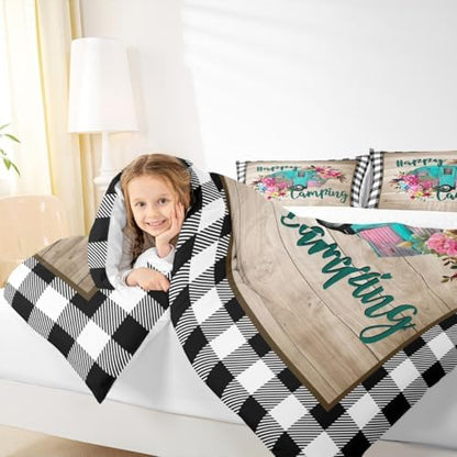 Manfei RV Happy Travelling Comforter Set Queen,Camper Adventure Car Bedding Set 3pcs for Kids Teens Adults Trailer Decor,Wooden Plaid Vintage Quilt Set,Farmhouse Duvet Insert with 2 Pillowcases
