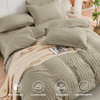 HYMOKEGE Linen Queen Comforter Set Seersucker 7 Pieces, All Season Luxury Bed in a Bag Queen for Bedroom, Bedding Set with Comforter, Sheets, Pillowcases & Shams