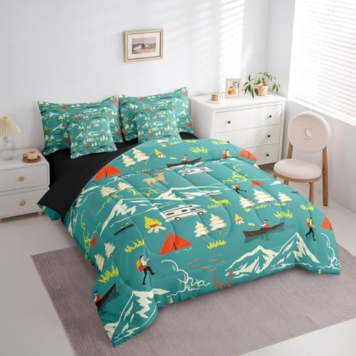 Erosebridal Kids Camping 7 Piece Comforter Set Full Bed in a Bag,Farmhouse Camper Car Bedding Set,Deer Wild Animals Bed Sheets,Mountain Adventure Sheet Set,Firemen Woodland Duvet Insert,Green