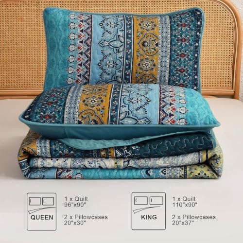 WONGS BEDDING Bohemian Queen Size,3 Pieces Soft Blue Bedspread Set