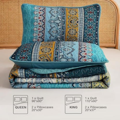 WONGS BEDDING Bohemian Queen Size,3 Pieces Soft Blue Bedspread Set
