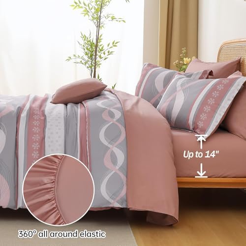Anibedding Pink Comforter Set Full Size,8 Pieces Striped Bed in a Bag