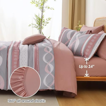 Anibedding Pink Comforter Set Full Size,8 Pieces Striped Bed in a Bag