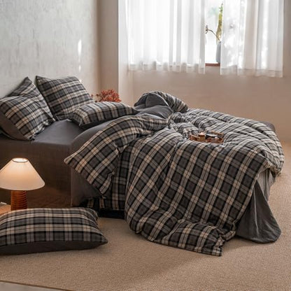 Vintage Grey Plaid Duvet Cover Gingham Bedding Set Twin 100% Cotton Muslin Duvet Cover Like Linen Feel Soft Comfy Grey Plaid Grid Checkered Comforter Cover Breathable Grid Farmhouse Dorm Bedding Set