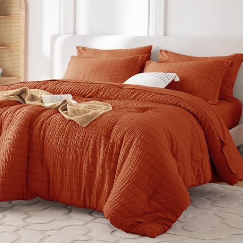 MUXHOMO 5 Pieces Twin XL Comforter Set, Seersucker Bed in a Bag Twin XL Size, All Season Luxury Bedding Set with Comforter, Flat Sheet, Fitted Sheet, Pillowcase & Sham, Burnt Orange