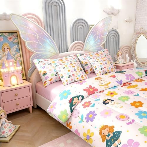 Erosebridal Cute Floral Bed in a Bag King Size Comforter Set 7-Piece | Kids Cartoon Fairy Princess Bedding Sets Rustic Flowers Comforter and Sheet Set, Kawaii Elf Room Decor,Pink