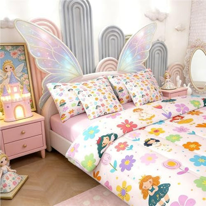 Erosebridal Cute Floral Bed in a Bag King Size Comforter Set 7-Piece | Kids Cartoon Fairy Princess Bedding Sets Rustic Flowers Comforter and Sheet Set, Kawaii Elf Room Decor,Pink