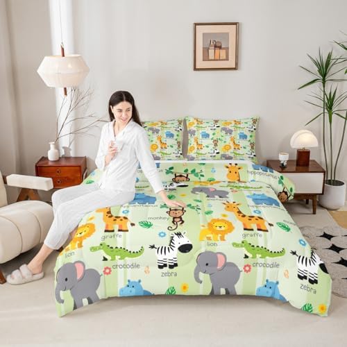 Erosebridal Kids Cartoon Jungle Animals Comforter Twin,Cute Elephant Hippo Comforter Set Crocodile Giraffe Monkey Bedding Set for Boys Girls,African Wildlife Bedding Quilted 1 Pillow Case Green