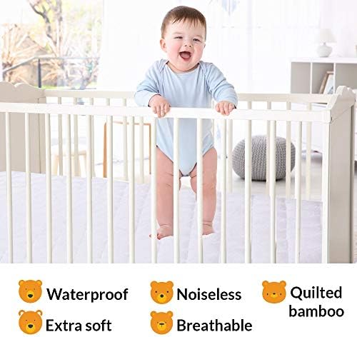 PlushDeluxe Crib Mattress Protector, 28”x49”, 100% Waterproof, Noiseless, Ultra Soft Viscose Made from Bamboo with Quilted Terry Cotton Top, White Fitted Sheet Style Toddler Crib Cover