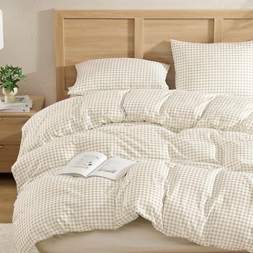 Andency Cream Gingham Duvet Cover King, Beige Checkered Plaid Bedding Set