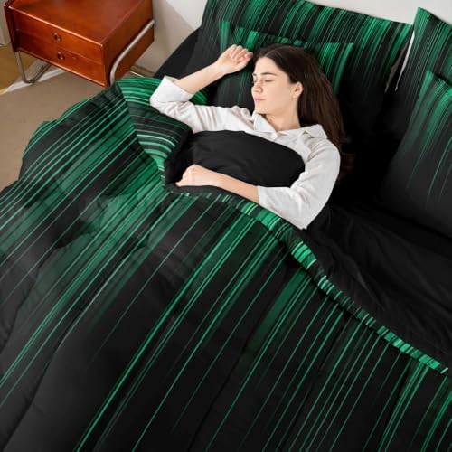 Feelyou Neon Green Black Comforter Set Twin Size 7 Pieces Geometric Bedding Set for Kids Boys Girls Ombre Bed in a Bag with Comforter, Sheets, Pillowcases, Cushion Covers Lightweight