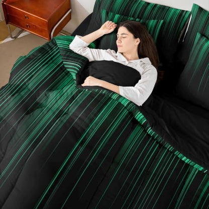 Feelyou Neon Green Black Comforter Set Twin Size 7 Pieces Geometric Bedding Set for Kids Boys Girls Ombre Bed in a Bag with Comforter, Sheets, Pillowcases, Cushion Covers Lightweight