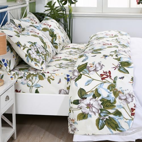 FADFAY Shabby Floral Sheets California King 100% Cotton 600 TC White Flower and Green Leaves Bedding Vintage Garden Botanical Print Country Side Bed Sheet Soft Hypoallergenic Deep Pocket Sheet 17.5''